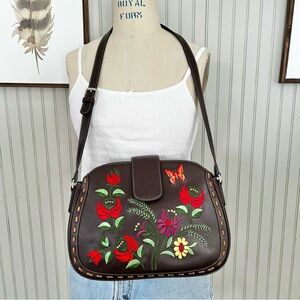 Vintage Vibrant Floral Stitched Embroidered Brown Saddle Bag